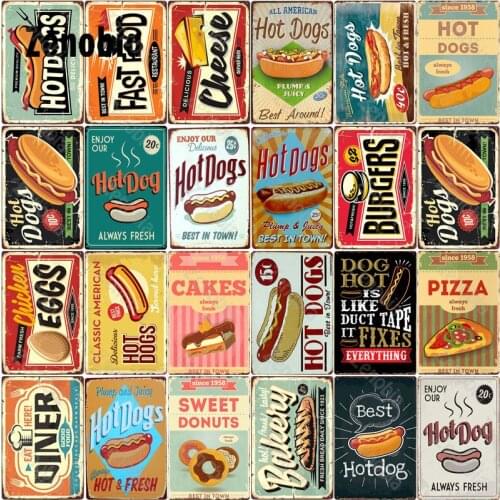Fast Food Metal Tin Signs Hot Dog Metal Posters Tin Plate Food Restaurant Decoration Fast Food Shop Bar Pub Club Wall Decoration