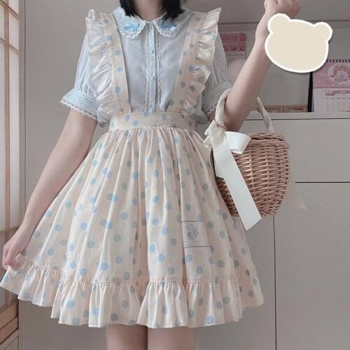 Japanese Cute Polka Dot Teen Girls Floral Suspender Mini Skirt Casual High Waist JSK Pleated Lolita Skirts Female Lolita Clothes