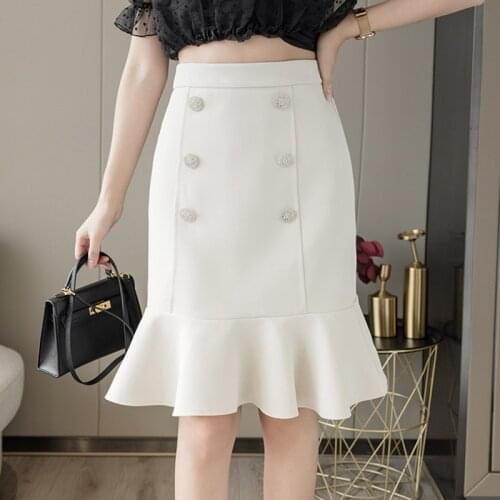 2021 Summer Solid Double Breasted Midi Skirt Women High Waist Elegant Ruffle Mermaid Skirts Womens Black Korean Casual Clothing