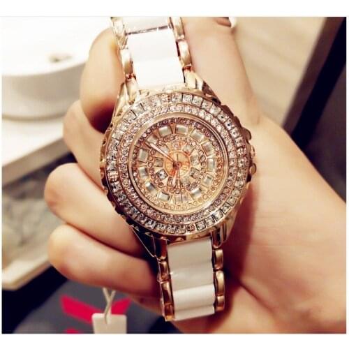 2020 New Women Fashion Watch Luxury Rose Gold Crystal Diamond Bracelet Watches Ceramic Strap Dress Watch Women Rhinestone Watch
