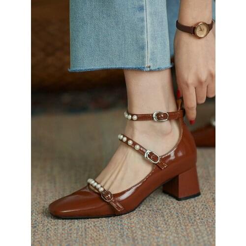 EshtonShero New Women Buckle Square Med Heels Pumps Spring Summer String Bead Pumps Retro Cow Leather Square Toe Shoes Woman