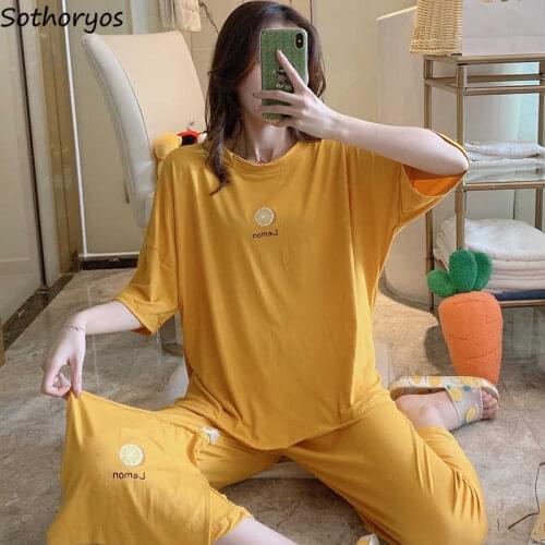 Women Candy Color Pajama Sets Loose Half Sleeve Tops Mid-calf Pants Printed Cozy Thin Student Nightwear Trendy Breathable Lounge