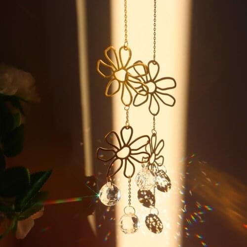 Hanging Crystal Flower Sunburst Craft Wind Chimes Window Car Prism Metal Pendant Windchime Handmade Ornaments Home Decor