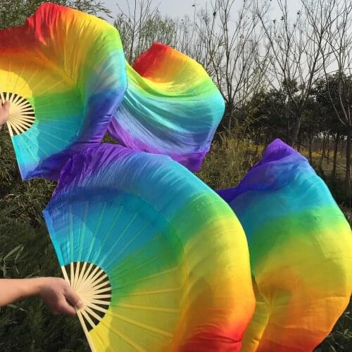 Rainbow Wholesale100% pure natural silk fan veils for belly dance sexy 180cm long silk fan for dancer show on the stage A pair