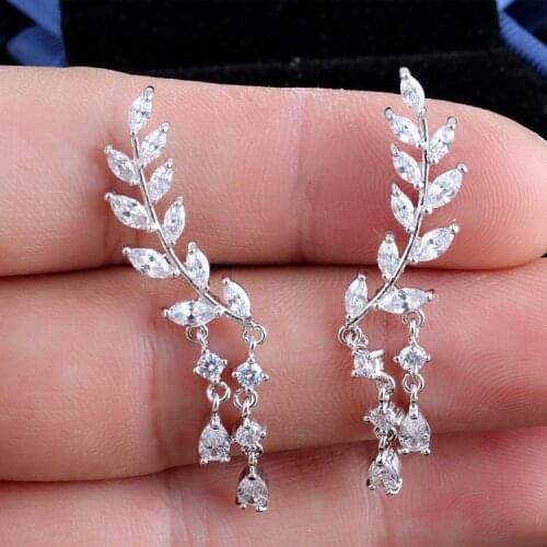 Luxury CZ Crystal Earrings Water Drop Long Leaves AAA Zircon Earrings For Women Wedding Bride Gift