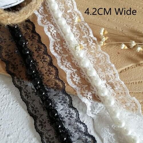 4CM Wide Black White Luxury Pleated Chiffon Beaded Fringe Lace Edge Trim Pearls Embroidered Fringe Ribbon Dress DIY Sewing Decor