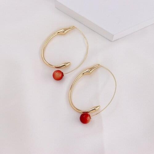 SRCOI Trendy Simple Imitation Pearl Long Earrings Geometric Metal Red Bead Dangle Earring Women Temperament Jewelry Accessories