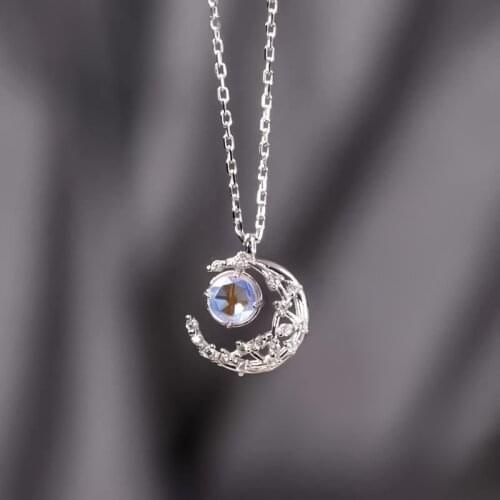 Rhinestone Crystal Star Cute Shiny Moonstone Crescent Moon Pendant Necklace Clavicle Chain For Women Lovers Mother Gift Jewelry