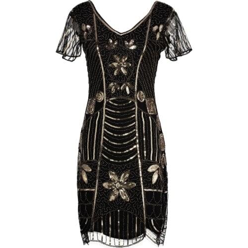 Vintage 1920s Art Deco Beaded Sequin Embellished Flapper Dress Double V Neck Butterfly Sleeve Tunic Bodycon Gatsby Party Dress