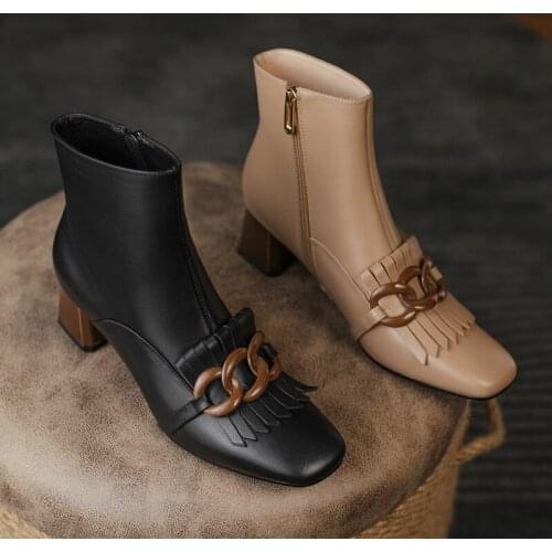 Falajoy Genuine Leather Boots Women Vintage Ankle Booties Heels High Quality Designer Brand Shoes Chain Tassel 2021 Plus Size