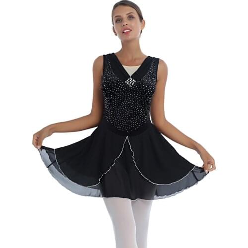 Women Dancewear Rhinestone V Neck Velvet Dance Dress Sleeveless Leotard Dresses Figure Skating Gymnastics Performance Costume