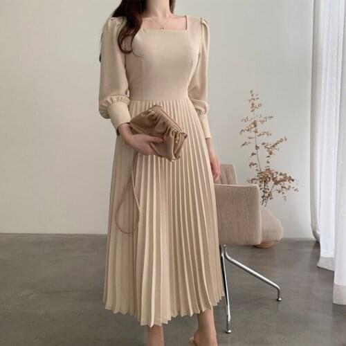 Women Pleated Dress Elegant Square Collar High Waist Lantern Long Sleeve Midi Dresses Female New Fashion Robe Mujer