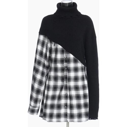 Women Turtleneck Sweater Dress Asymmetrical Spring Autumn Reversible Plaid Shirt Dress