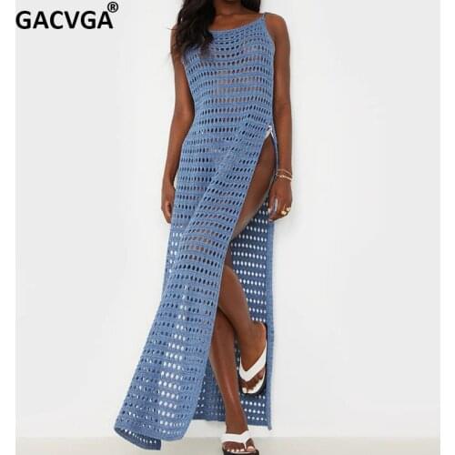 GACVGA Crochet Beach Maxi Dress for Women See Through Sexy Backless Sleeveless High Split Long Dresses Bikini Cover Up Vestidos
