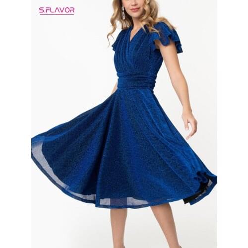 S.FLAVOR Light Blue Sexy Nightclut Vestidos Butterfly Sleeve V-neck Stage Costumes Dress Elegant Women Slim A-line Dresses