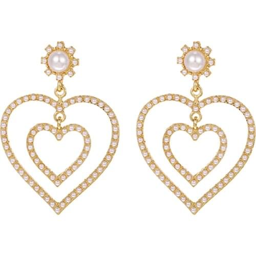 ZHINI 2021 New Arrival Ethnic Crystal Red Love Double Heart Dangle Earrings For Women Luxury Imitation Pearls Fashion Jewelry