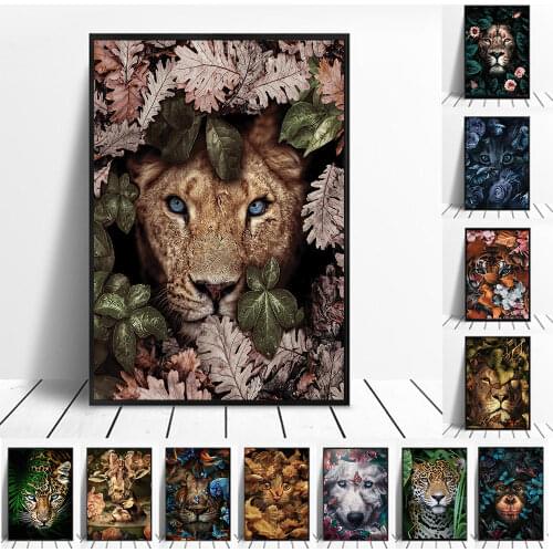 Animal in flowers Canvas Painting wall art Lion poster Tiger Elephant Elk Orangutan picture Modern Classical Decorative Painting