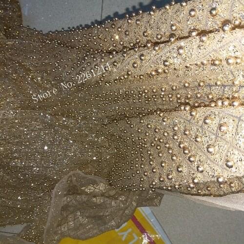 Gold color glued glitter sequins lace fabric with full beads BZL-1147 High quality African sequins lace fabric for party dress