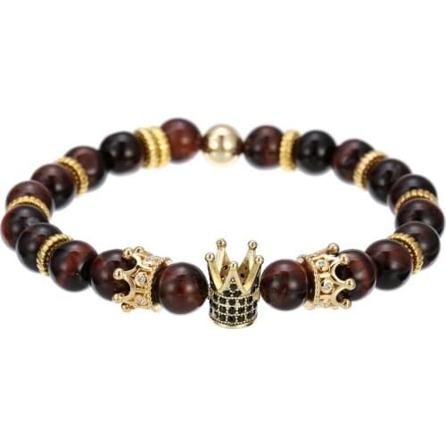 Gold CZ Crown Bracelet For Women Jewelry Men Lave,Tiger Eye,Howlite Bracelet Pulseira Masculina Feminina Erkek Bileklik Hombre