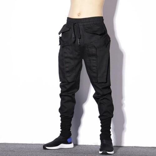 #7501 2021 Black Hip Hop Pants Men Harem Pencil Trousers Dance Patchwork Pockets Loose Casual Men Joggers Elastic Waist Cotton