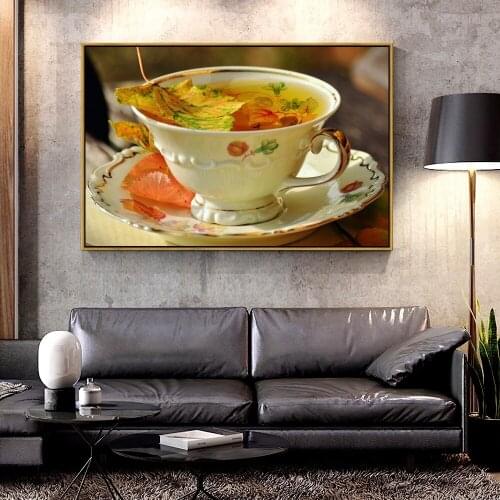 Artcozy Oil Canvas Painting cup_tea_drink_fall_leaves For Home Decoration Wall Art