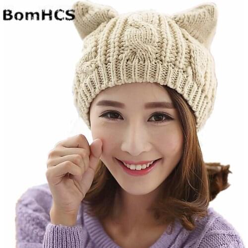 BomHCS Cute Women Gilr Winter Warm Beanie Devil Horns Cat Ear Crochet Handmade Knit Cap Hat Beanie