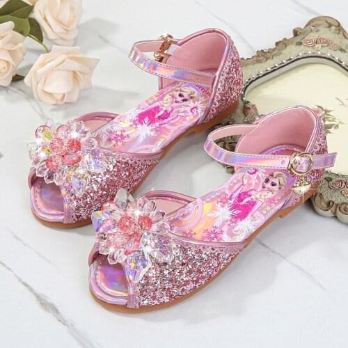 Disney summer new girl princess shoes children cartoon frozen elsa fish mouth sandals little flat soft bottom crystal shoes