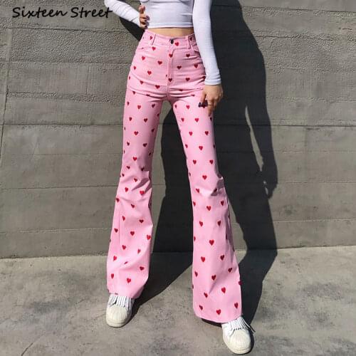 Pink Printed Womans Pants Streetwear Love High Waisted Bell Bottom Pants Woman Vintage Spring Summer Slim Wide Leg Trousers
