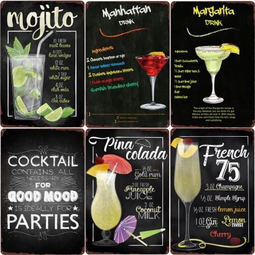 French Martini Vintage Metal Tin Signs Amaretto Sour Negroni Tom Collins Cocktail Plaque Pub Bar Wall Art Poster Home Decor N350