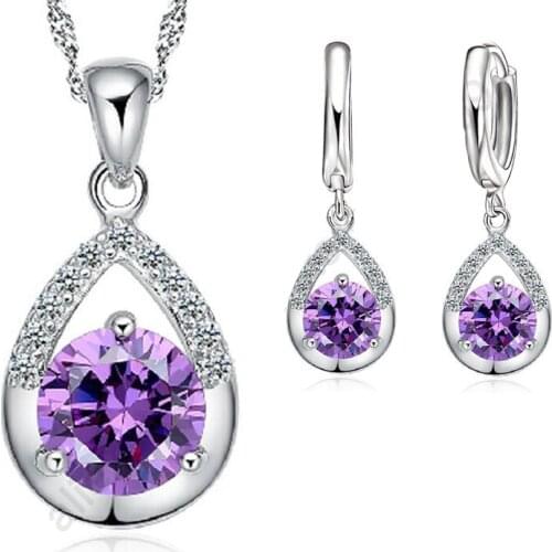 Fashion Purple CZ Jewelry Sets Pure 925 Sterling Silver Top Quality Zircon Earrings Necklace Set For Women Wedding Dress SET