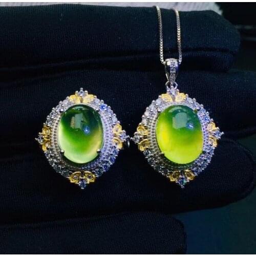 New Arrival Real Natural Prehnite jewelry set Natural Real Prehnite 925 sterling silver 1 Prehnite pendant, 1 Prehnite ring