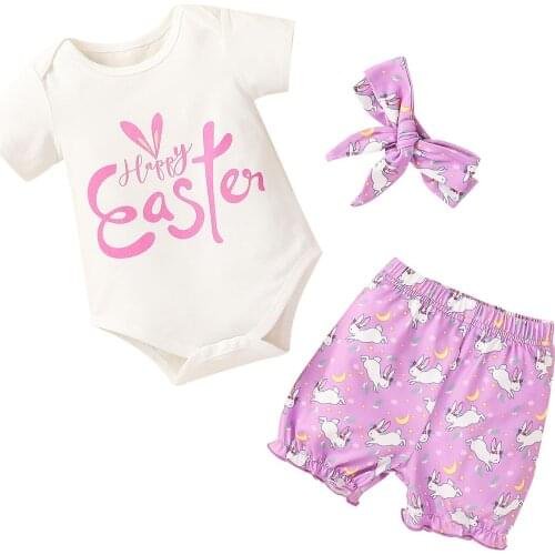 Lioraitiin 0-18M Newborns Baby Girl 3Pcs Easter Set Girls Lettering Printed Romper Rabbit Pattern Shorts Hair Band for Baby