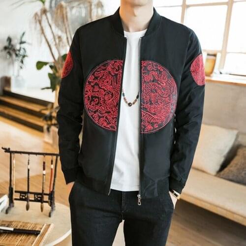 Vintage Men Jacket Dragon Embroidered Bomber Jacket Korean Male Clothes Zipper Baseball Coat Mens Spring Men Jacket 2020 KK3382