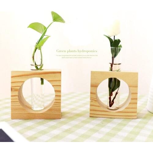 Ins Popular Home Office Desktop Decoration Glass Test Tube Vase Hydroponic Vase Small Vase With Wood Stand For Green Plants