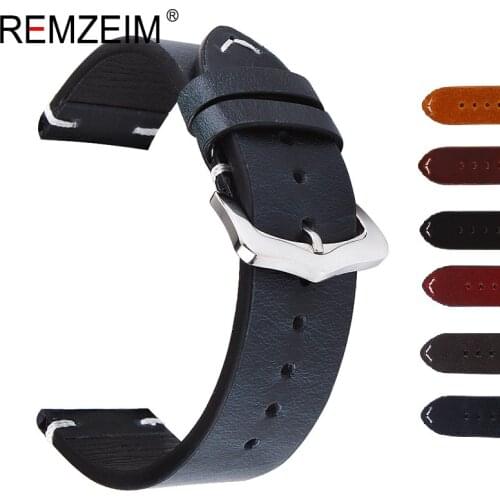 REMZEIM Handmade Wax Oil Skin Watch Straps 18mm 20mm 22mm 24mm Vintage Genuine Leather Watchband Calfskin Watch Straps