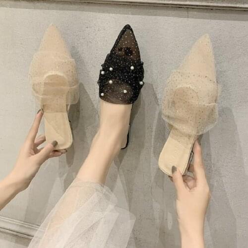 Sweet mesh pearl pointed flat bottom ladies casual sandals comfortable summer elegant temperament Muller shoes for outer wear