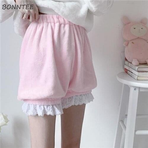 Shorts Women Kawaii Lace Trendy Casual College Soft Thicker Solid Plus Velvet Simple Female Elastic Waist Popular Japanese Style