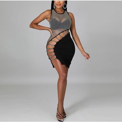 Sexy Dress Women Party Night Club Wear Mesh Diamond Hollow Out Sleevless Bodycon Mini Evening Robe Vestidos Mujer Dress Hot Fall