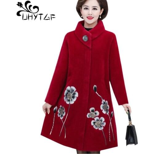 UHYTGF Noble mink cashmere autumn winter wool coat women embroidered Quality cashmere long jacket thick warm plus size coat 1149