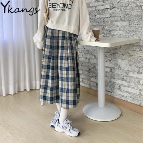 Vintage Spring pleated plaid Skirt harajuku Women High waist Long skirt 2020 Korean Fashion Autumn clothing Students Midi faldas