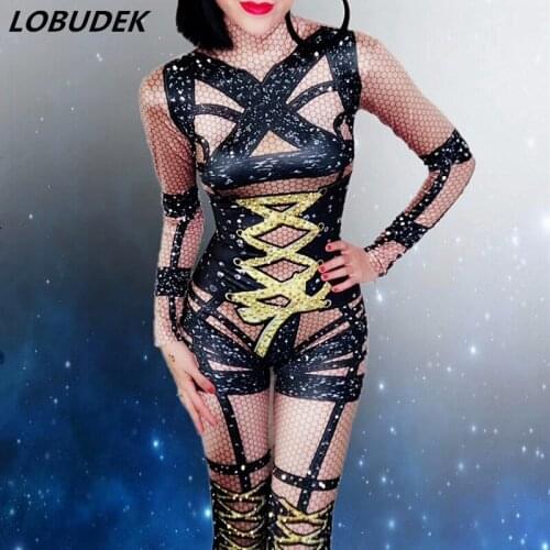 Nightclub Bright sexy bodysuit stage costumes Dancer prom show jumpsuit Rompers with Crystal performance costume party bar