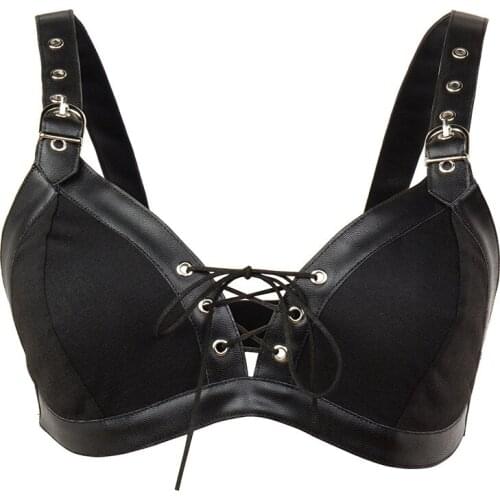 Women Steampunk Bustiers Tops Sexy Fuax Leather Punk Rock Gothic Personality Bra Without Steel Ring Corset Bra Push Up Underwear