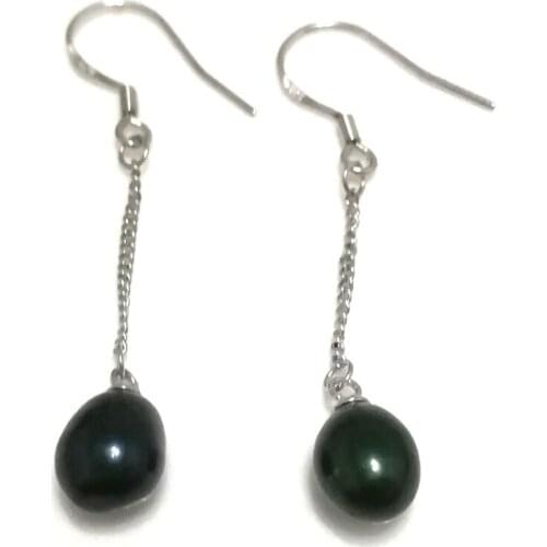 7-8mm Dark Green Drop Natural Freshwater Dangle Women Pearl Earring with 925 Sterling Silver Hook