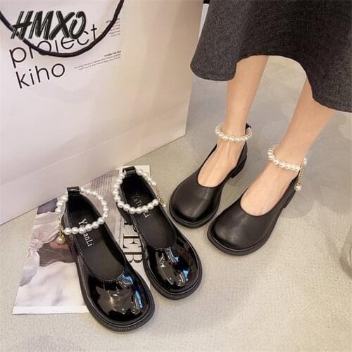 HMXO Pearl Word with Pearl Mary Jane Shoes Thick Bottom British Leather Shoes Flat Peas Shoes Retro Girl Shoes Ballerina Flats