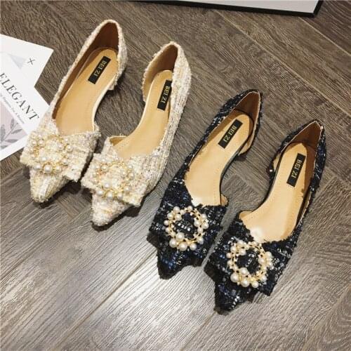 Women mixed color plaid cloth flat shoes pearl buckle ballet flats ladies shallow mouth D'orasy spring single shoes woman mules