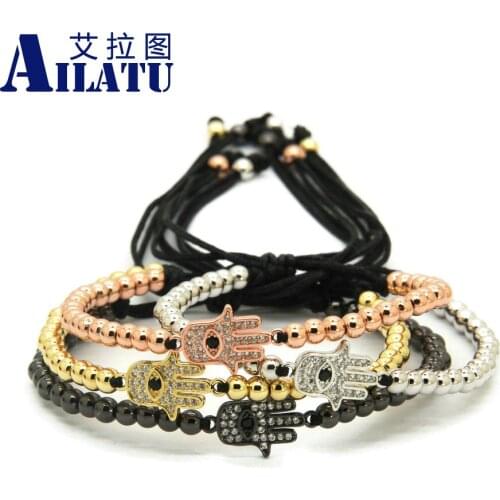 Ailatu Wholesale 4mm Round Bronze Beads Hamsa Fatima Hand Style CZ Beads Charm Braiding Macrame Bracelets