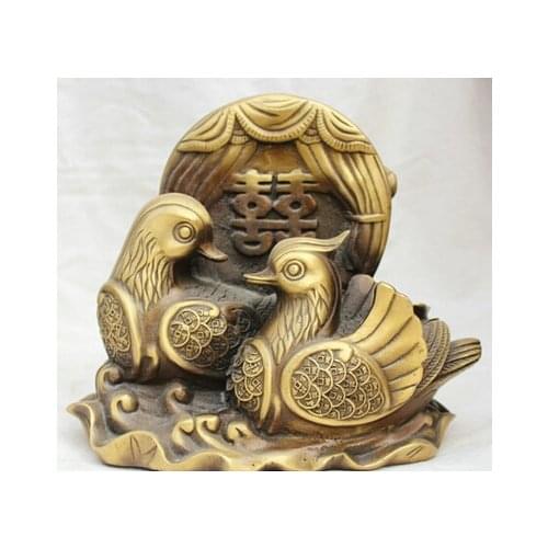 Antique bronze Pure Copper Brass 9 " de cobre de pato mandarim Coin riqueza dupla felicidade