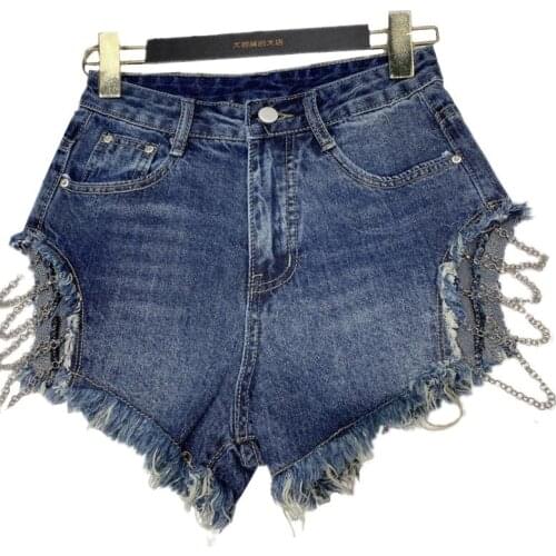 New Summer Fashion Patchwork Tassel Slim Burrs Metal Chain Hot Pants Denim Shorts Casual Vintage Jeans Shorts Ladies Tide G932
