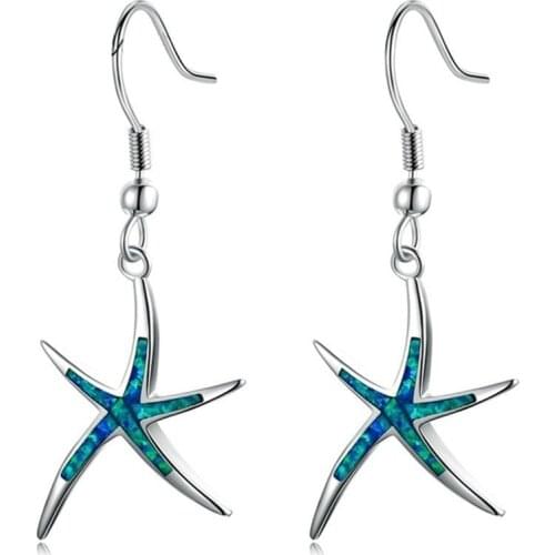 FDLK Cute Starfish Shape Blue Imitation Fire Opal Drop Dangle Hook Earrings Womens Wedding Jewelry