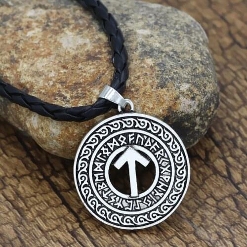 Classic Nordic Mythology Viking Letter Symbol Round Metal Leather Cord Necklace